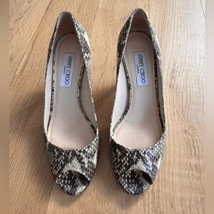 Jimmy Choo Snakeskin Peep Toe Heels - Tan and Black
